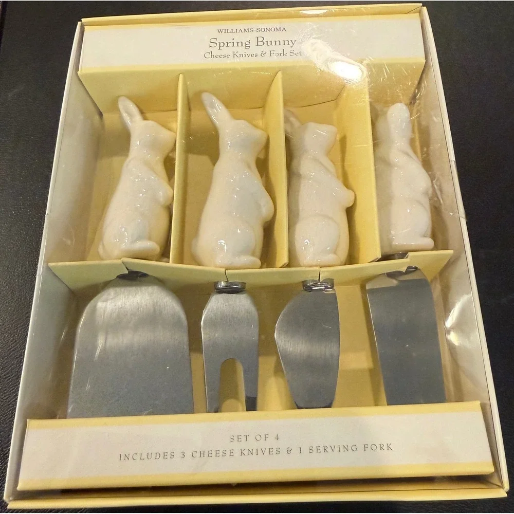 Williams Sonoma Sealed Spring Bunny Cheese Knives Fork Set Charcuterie NEW